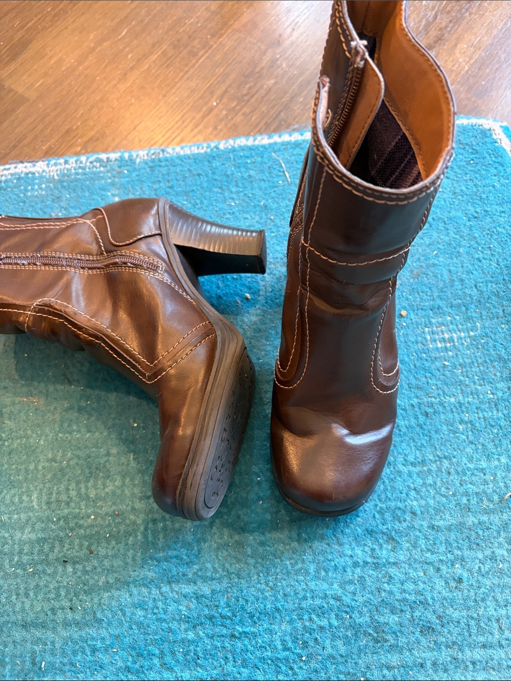 Mudd Brown Mid-Calf Heeled Boots with Contrast Stitching